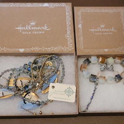 Lot 161: New Hallmark Long Blue Beaded & Chain Necklace with Blue & Gold Feathers & New Square Polished Stone & Glass...