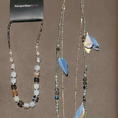 Lot 161: New Hallmark Long Blue Beaded & Chain Necklace with Blue & Gold Feathers & New Square Polished Stone & Glass...