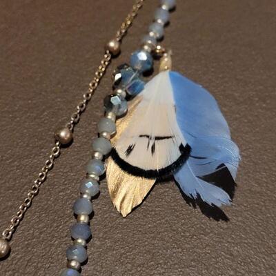 Lot 161: New Hallmark Long Blue Beaded & Chain Necklace with Blue & Gold Feathers & New Square Polished Stone & Glass...