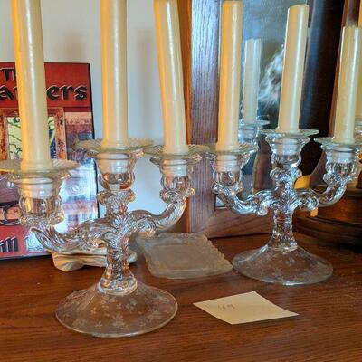 Pair of three arm crystal candle sticks with bobeches, Cambridge? (#49)