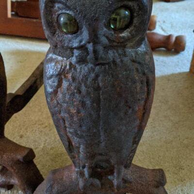 Pair of vintage cast iron andirons OWLS with green glass eyes 
