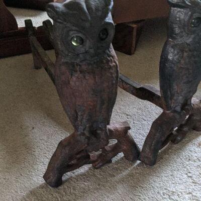 Pair of vintage cast iron andirons OWLS with green glass eyes 