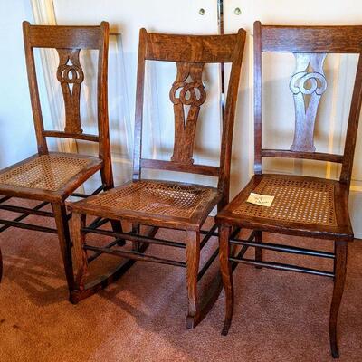 2 oak chairs and matching rocker caned seats (#57)