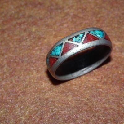 Silver Tone Turquoise & Coral Mens Ring - Size 11.5