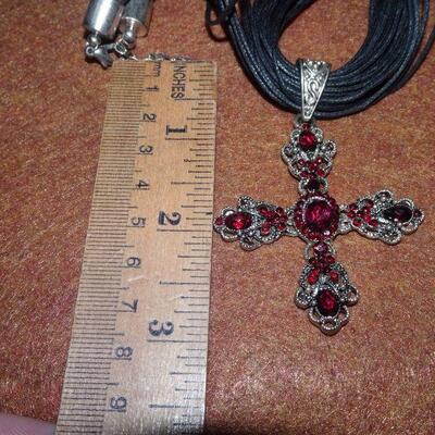 Red Rhinestone Statement Necklace, Cross, Religious Ruby Red! 