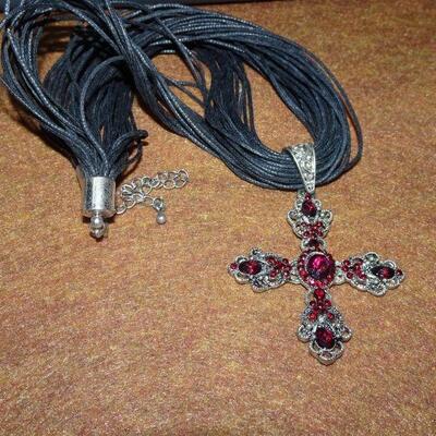 Red Rhinestone Statement Necklace, Cross, Religious Ruby Red! 