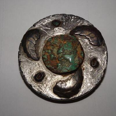 Unusual Hand Made Belt Buckle, Turquoise & Silver Tone, Heavy! 