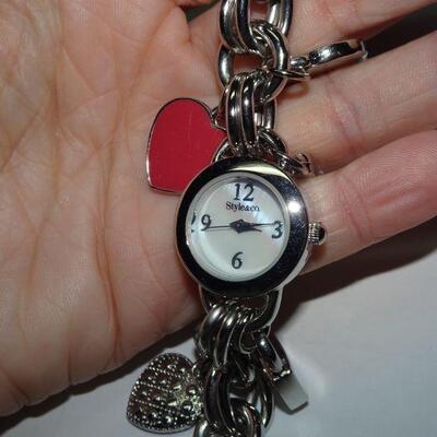 Style & Company Silver Tone Ladies Charm Watch, Hearts - needs battery 