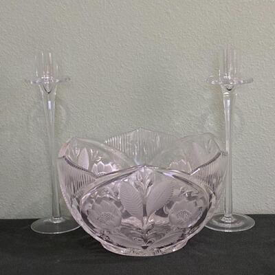Floral Crystal Bowl and Glass Candle Holders 