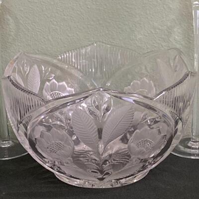 Floral Crystal Bowl and Glass Candle Holders 