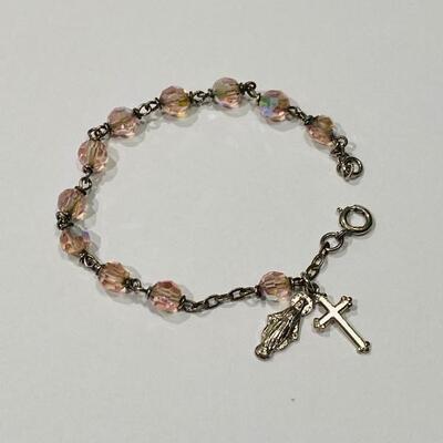 Avon 7â€ Baby Pink Beads Silver Tone Rosary Bracelet 