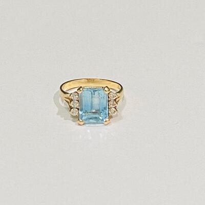 14K YG Blue Topaz & Diamond Ring, Size 7