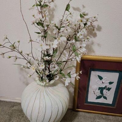 Large ceramic vase w/flowers and floral wall art