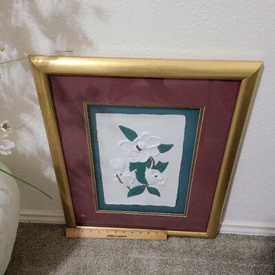 Large ceramic vase w/flowers and floral wall art