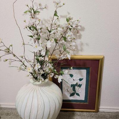 Large ceramic vase w/flowers and floral wall art