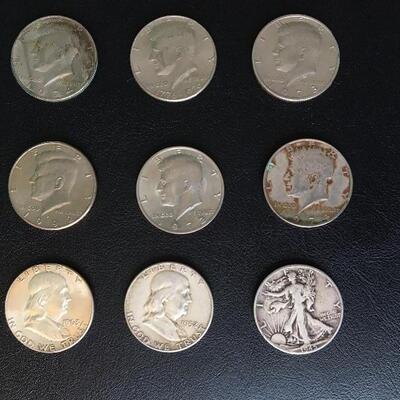 Collection of 9 Vintage Half Dollar Coins with Franklin and Walking Liberty