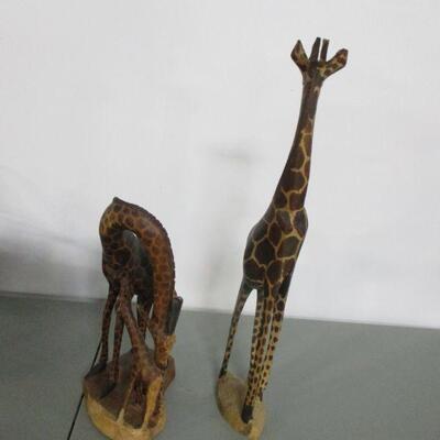 Lot 3 -Hand-Carved Wooden Giraffe Statues Decor