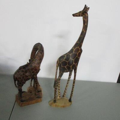 Lot 3 -Hand-Carved Wooden Giraffe Statues Decor