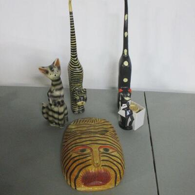 Lot 9 - Wooden & Ceramic Cat Figures 