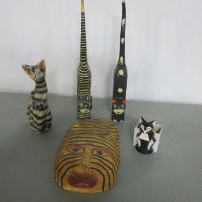 Lot 9 - Wooden & Ceramic Cat Figures 