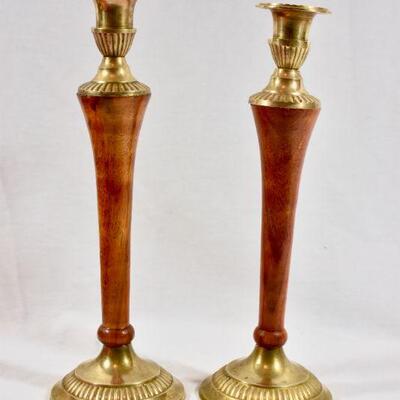 Koa Wood & Brass Candlestick Pair 