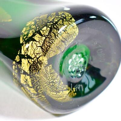 Glass Eye Studios Emerald & Gold Swung Glass Vase