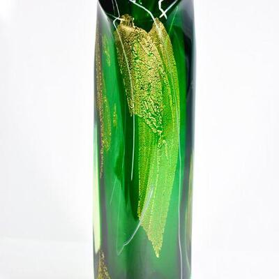 Glass Eye Studios Emerald & Gold Swung Glass Vase