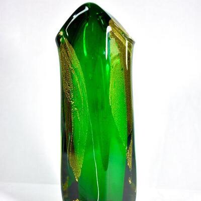 Glass Eye Studios Emerald & Gold Swung Glass Vase