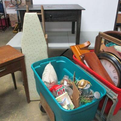 Lot 23 - 2 Bins Full - Vintage Ironing Board - Sewing Cabinet - Side Table - Floating Shelves