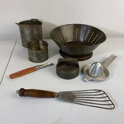 Vintage Kitchen Utensils Colander sifters biscuit cutter reamer corer spatula
