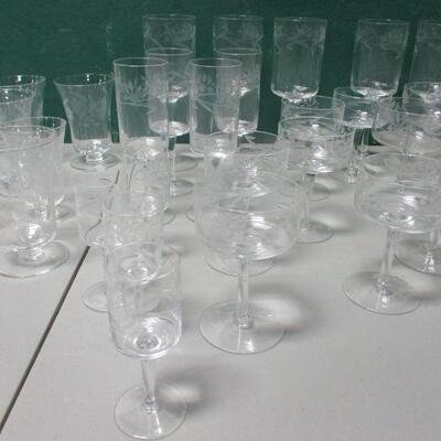 Lot 70 - Etched Clear Glasses - Various Sizes 