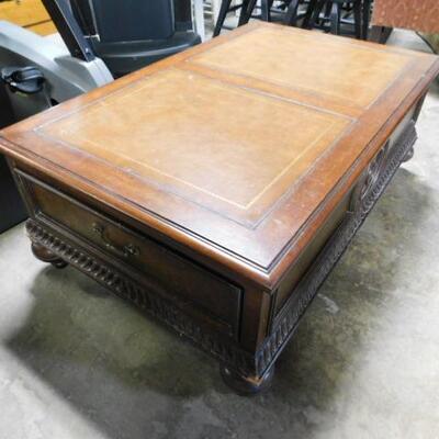 Solid Wood Coffee Table with Leather Top Inlay by Ethan Allen 50