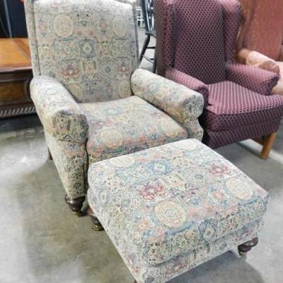 Fancy Print Upholstered Chair and Ottoman by Pearson