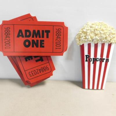 Movie Time Wall Art Metal Ticket Stubs and Resin Popcorn Bucket 13