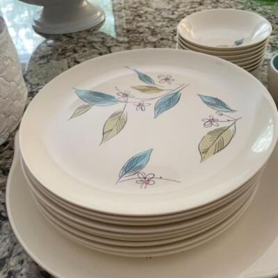 Set of dinner plates, bowls, tea/coffee set, salt and pepper shaker and platter