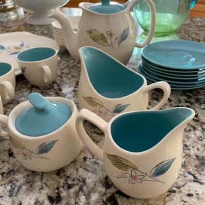 Set of dinner plates, bowls, tea/coffee set, salt and pepper shaker and platter
