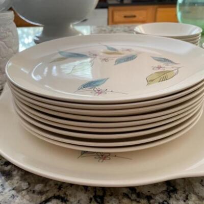 Set of dinner plates, bowls, tea/coffee set, salt and pepper shaker and platter