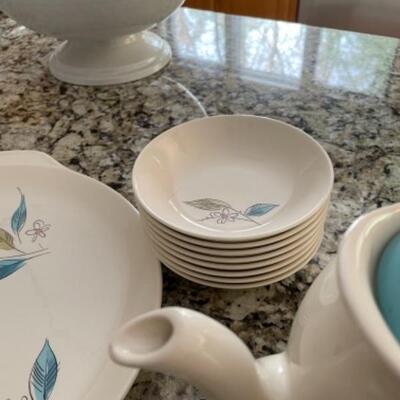 Set of dinner plates, bowls, tea/coffee set, salt and pepper shaker and platter