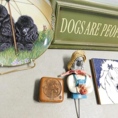 Nice Assortment of Poodle Related Collectibles and Items Including Painted Tile, Plate, Sign, Trinket Box, Etc.
