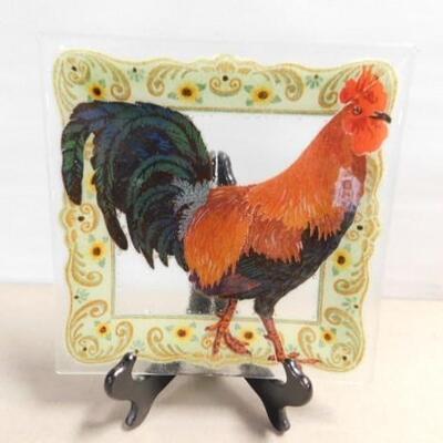 Peggy Karr Colorful Fused Glass Rooster Square Plate Design 10