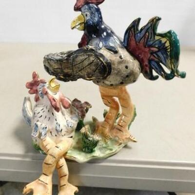 Heather Goldminc Porcelain Art Rooster and Chicken Blue Sky Studio Signed