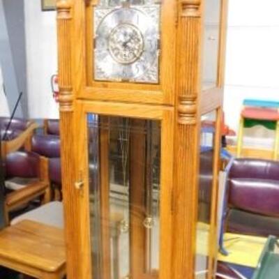 Classic Traditional Howard Miller Oak Cabinet Grandfather Clock with Weights and Pendulum 88
