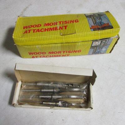 Lot 39 - Wood Mortising Attachment Plus Bits & Chisels