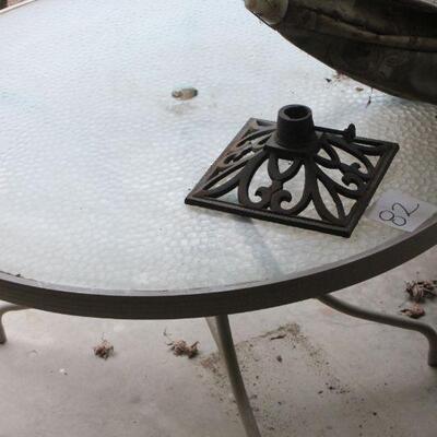 Lot 82 Patio Furniture: Glass Tables, 4 Chairs, Lounge Chair, Umbrella Stand