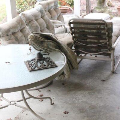 Lot 82 Patio Furniture: Glass Tables, 4 Chairs, Lounge Chair, Umbrella Stand