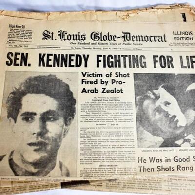 Headline:  "Sen. Kennedy Fighting For Life" (Mohbat) June 6, 1968 
