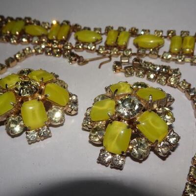 Vintage MCM Yellow & Rhinestone Necklace, Bracelet, Clip Earrings - Perfect! No Missing Stones! 