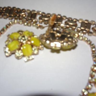 Vintage MCM Yellow & Rhinestone Necklace, Bracelet, Clip Earrings - Perfect! No Missing Stones! 