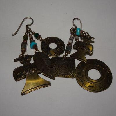 Native American Brass or Copper Dangle Earrings, Turquoise 