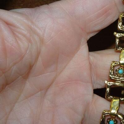 Mid Century Gold Tone & Turquoise Color Link Bracelet, Modernist Style 
